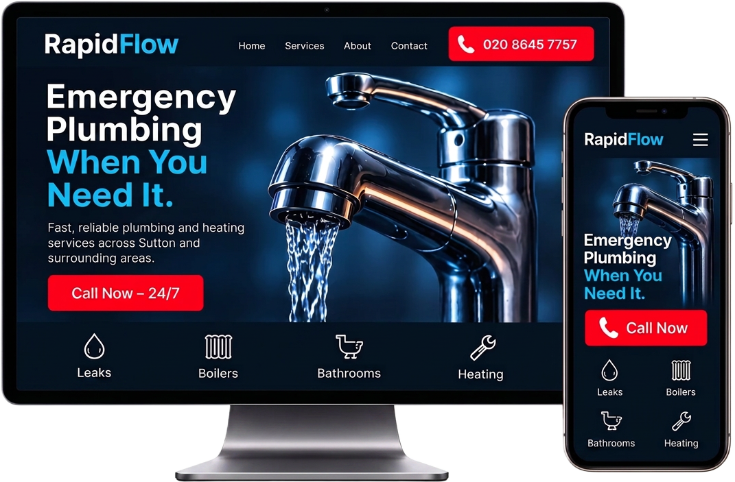 RapidFlow plumbing website shown on a monitor and phone