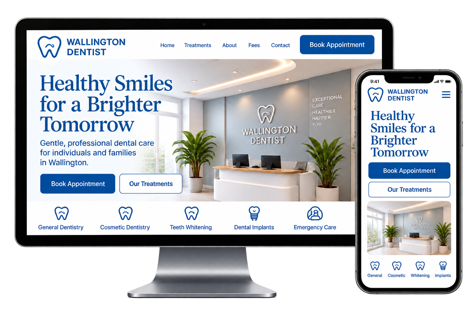 Wallington Dentist website shown on a monitor and phone
